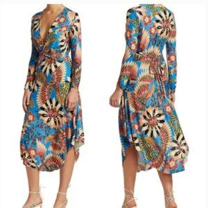 Farm Rio Long Sleeve Blue Wonderful Toucans Jersey Faux Wrap Dress